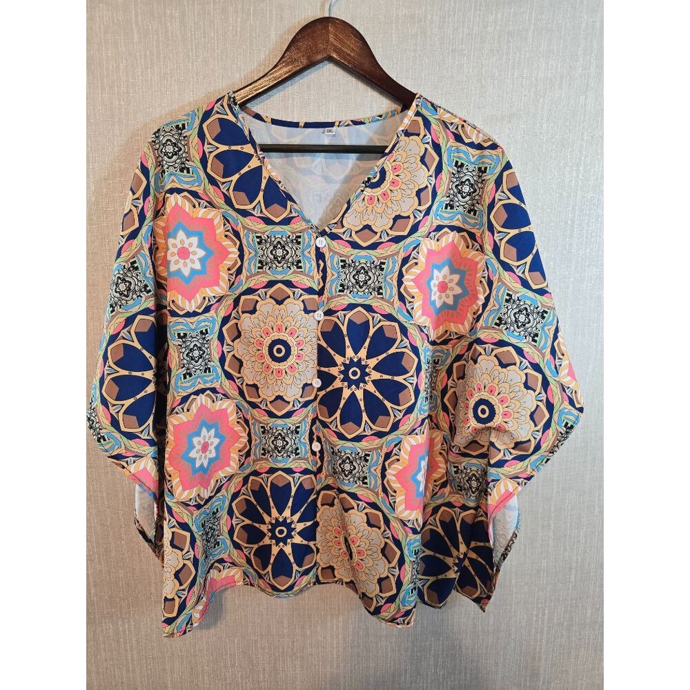 Womens‎ Multicolor Geometric Print V-Neck Blouse Kimono style Size 2XL